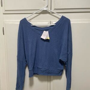 Auden Blue Ribbed Wide-Neck Long Sleeve Top